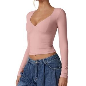 QINSEN Pink V Neck Long Sleeve Cropped Top Double‎ Lined Sculpting Tee XS